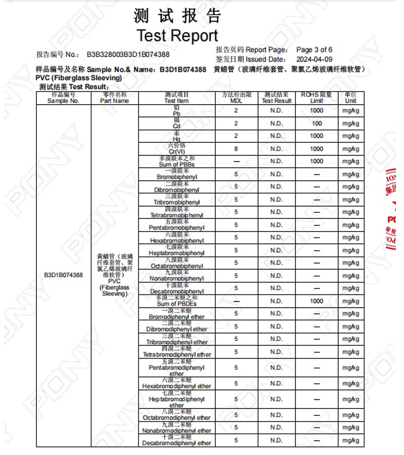 test report of PVC fiberglass sleeving